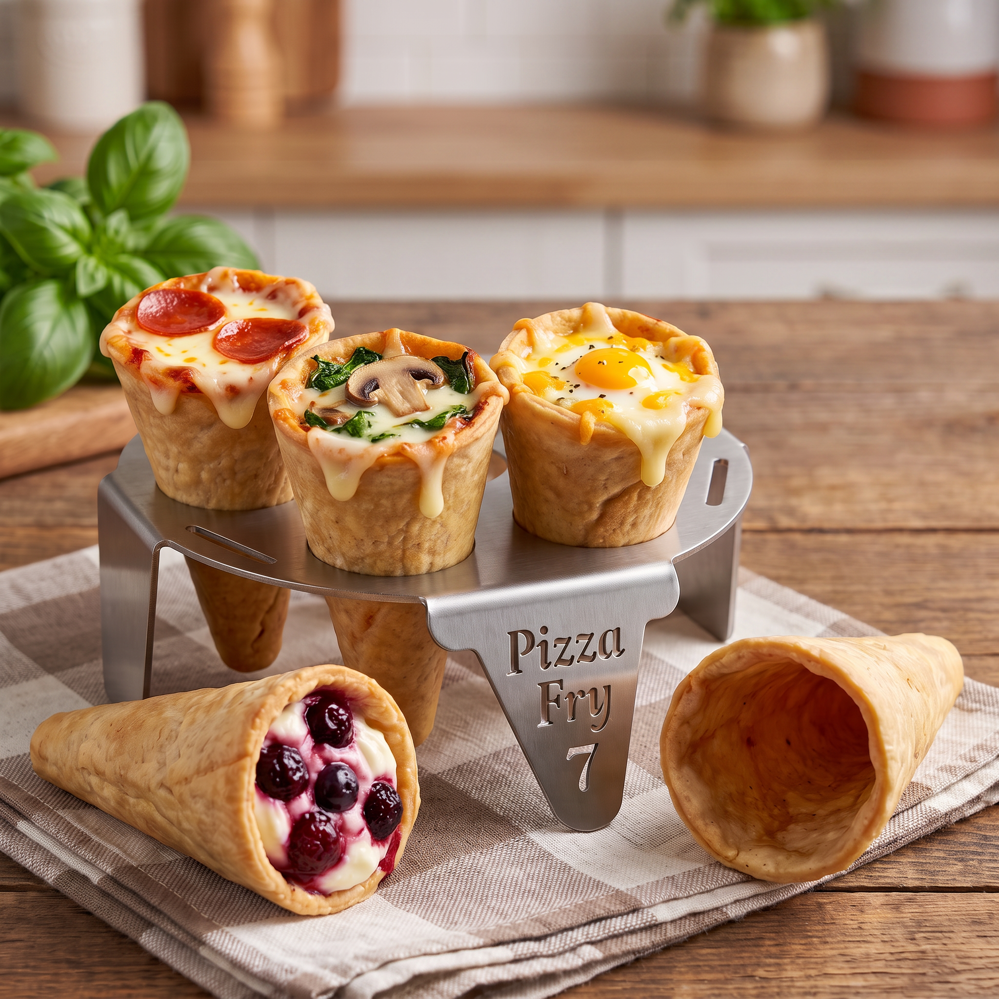 Filled Mini Pizza Cones in a PizzaFry7 tray