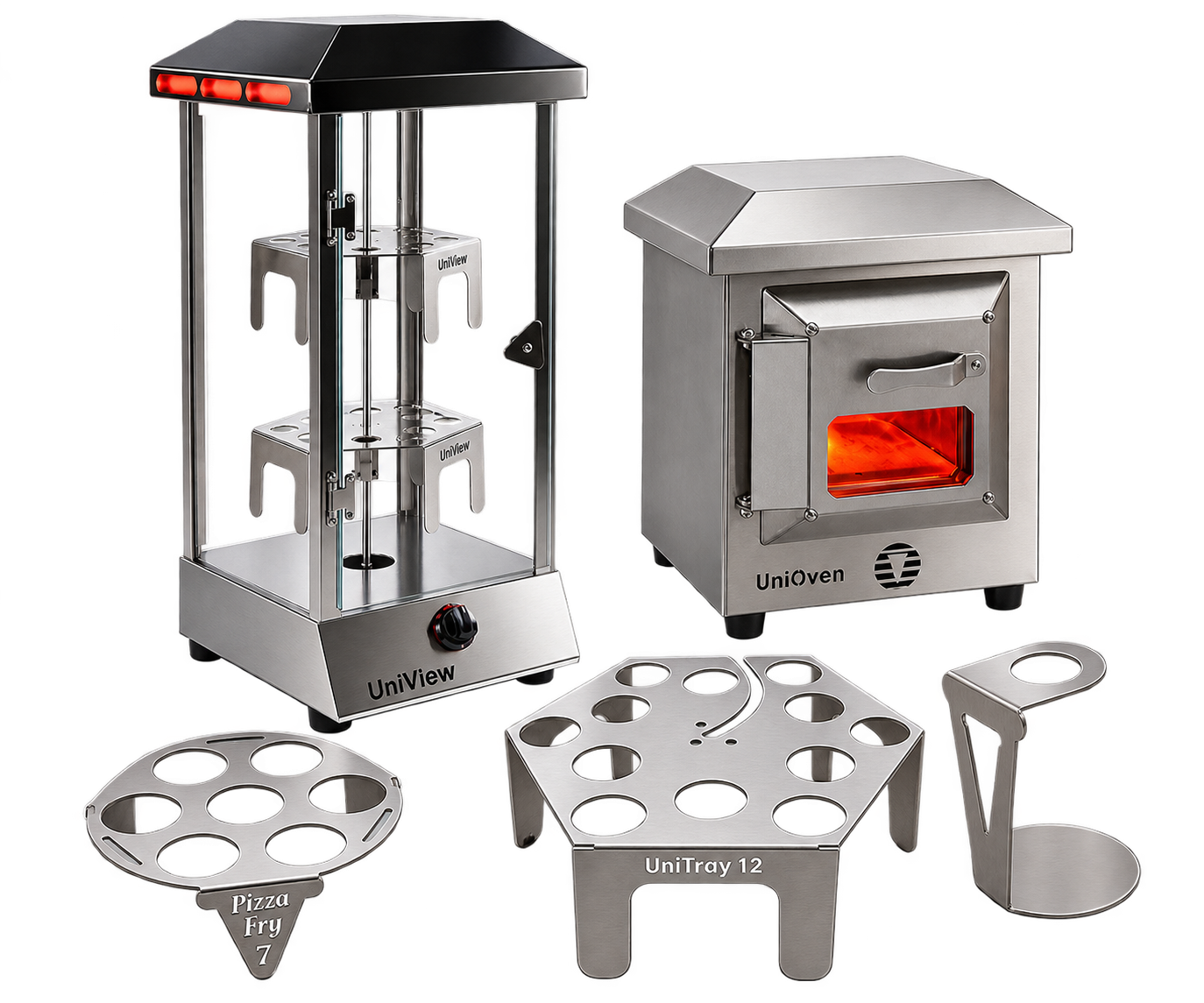 Unicus pizza cone equipment including UniView, UniOven, UniTray12, PizzaFry7 and UniStand