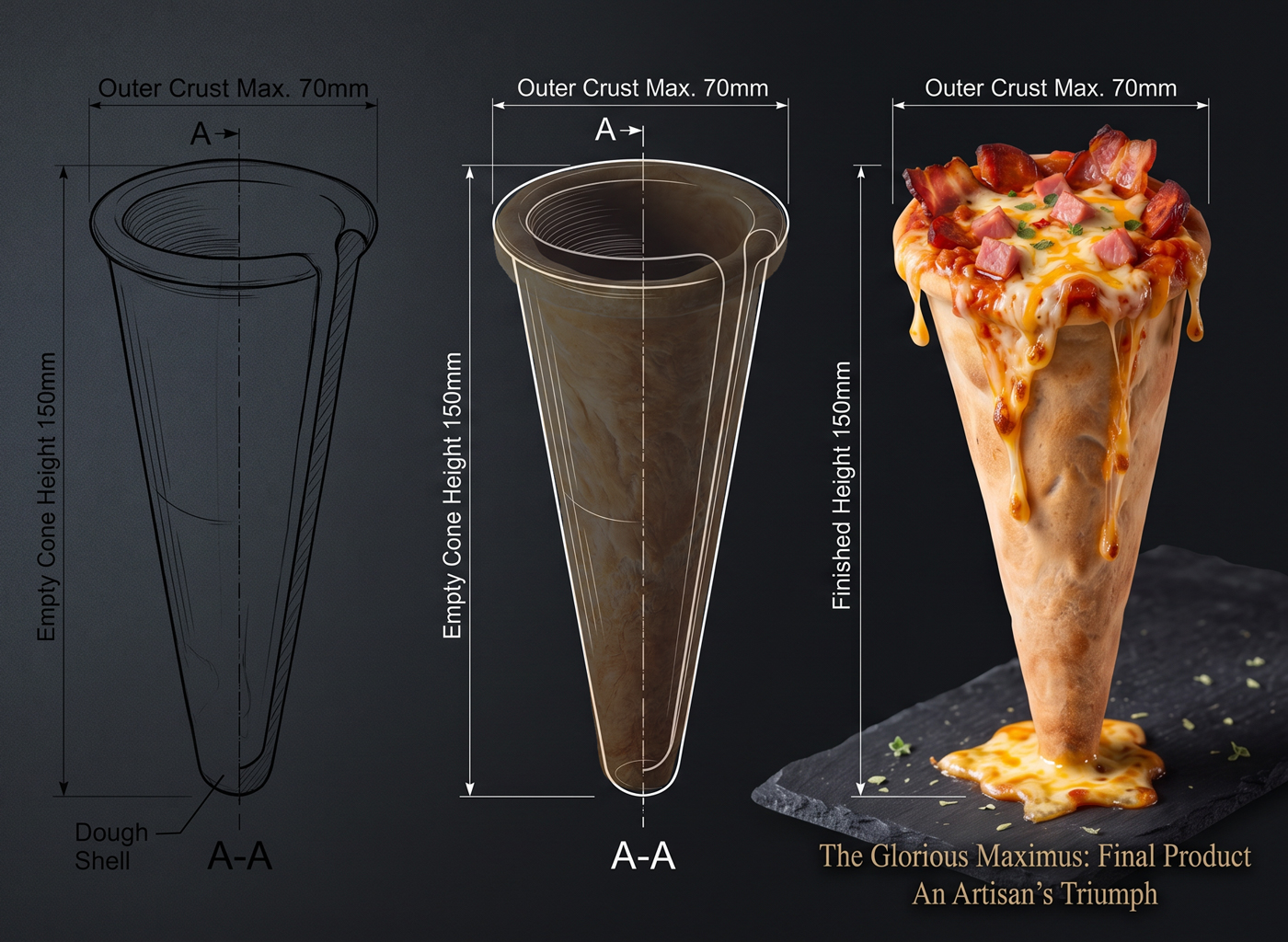 Maxi Pizza Cone shown from empty cone design to finished filled savoury cone