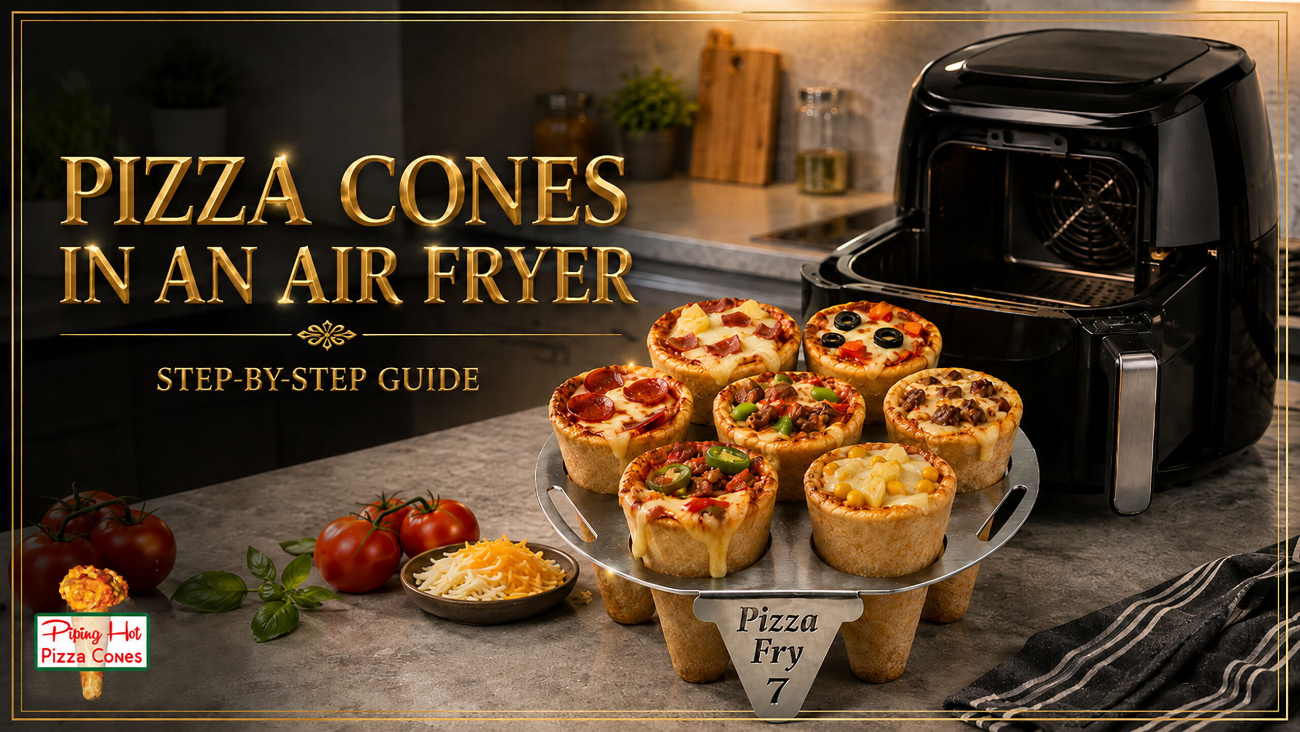 Pizza cones held upright in a PizzaFry7 tray in an air fryer